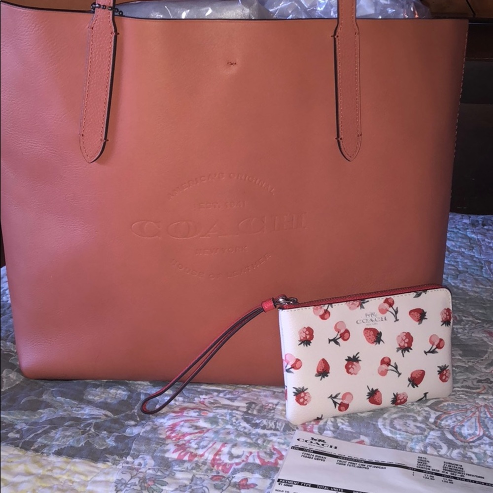 Coach tote & fruit print zip wristlet.